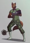  anthro canine clothed clothing diadorin fur gun male mammal ranged_weapon simple_background smile solo standing teeth weapon 