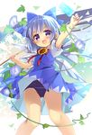  bangs bare_legs blue_bow blue_dress blue_eyes blue_hair blush bow cirno dress flower food hair_bow hidden_star_in_four_seasons ice ice_wings looking_at_viewer nagayama_yuunon open_mouth popsicle school_swimsuit short_dress short_hair short_sleeves smile solo standing sunflower swimsuit swimsuit_under_clothes tan tanned_cirno touhou veins wings 