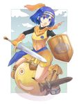  armor blue_eyes blue_hair breastplate dragon_quest dragon_quest_x gloves hairband hirokawa_tomo looking_back one_eye_closed open_mouth orange_gloves riding seraphy_(dq10) sheath shield short_hair slime_(dragon_quest) smile tunic 