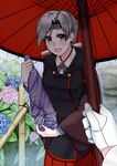  bamboo bibitto blue_coat bottle chitose_(kantai_collection) commentary_request flower giving grey_eyes headband hydrangea kantai_collection leaf oriental_umbrella out_of_frame outdoors pov pov_hands rain sake_bottle silver_hair smile solo_focus umbrella wrapping 