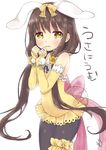  animal_ears arm_warmers back_bow black_legwear bow brown_hair bunny_ears cowboy_shot emo_(mikan) flower_knight_girl frills hair_bow helenium_(flower_knight_girl) leotard long_hair looking_at_viewer pantyhose pink_bow solo tears twintails white_background yellow_bow yellow_eyes yellow_leotard 