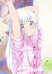  arms_up bangs blurry blurry_background blush bow closed_mouth commentary_request eromanga_sensei green_eyes izumi_sagiri long_hair looking_at_viewer shirt silver_hair solo tsukiman wavy_mouth 