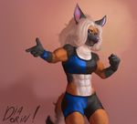  anthro canine clothed clothing diadorin female looking_at_viewer mammal muscular open_mouth smile solo standing 