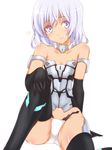  animal_ears bare_shoulders black_gloves black_legwear blue_eyes cat_tail commentary_request elbow_gloves frame_arms_girl gloves looking_at_viewer materia_(frame_arms_girl) mecha_musume panties silve silver_hair simple_background sitting smile solo tail tan thighhighs underwear white_background white_panties 