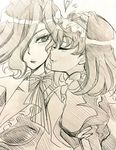  blush breasts cleavage closed_eyes garie_tuman greyscale hair_over_one_eye heart imminent_kiss kiraki leiur_darahim lips medium_breasts monochrome multiple_girls profile senki_zesshou_symphogear short_hair traditional_media yuri 