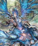  artist_request blue_hair bow_(instrument) bracelet breasts city cygames dress feathered_wings frown gorilla_(mushimushiland) halo instrument israfil_(shadowverse) jewelry long_hair magic_circle medium_breasts official_art ponytail ribbon ring shadowverse shingeki_no_bahamut violin wings yellow_eyes 