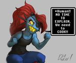  anthro clothed clothing diadorin english_text eye_patch eyewear female fish looking_at_viewer marine smile solo text undertale undyne video_games 