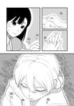  absurdres asymmetrical_bangs bangs blush braid coat comic darjeeling girls_und_panzer greyscale highres holding_hand interlocked_fingers looking_at_another lotion monochrome multiple_girls night night_sky nishi_kinuyo open_mouth osatou sky sweat translation_request twin_braids 