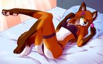  2014 anthro axlrosie bed bra breasts brown_fur brown_hair butt canine clothed clothing condom female fox fur green_eyes hair inside lace legband lingerie lying mammal on_back orange_fur panties pillow ribbons scarlett_desire smile solo underwear white_fur 