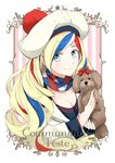  animal beret blonde_hair blue_eyes blue_hair bow character_name closed_mouth commandant_teste_(kantai_collection) commentary_request dog eyebrows_visible_through_hair hat highres kantai_collection long_hair looking_at_viewer morinaga_miki multicolored multicolored_clothes multicolored_hair multicolored_scarf one_eye_closed plaid plaid_scarf pom_pom_(clothes) red_hair scarf smile solo streaked_hair upper_body white_hair 