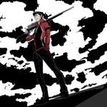  black_hair cloud dutch_angle full_body gun hand_in_pocket jacket jitome looking_at_viewer male_focus over_shoulder pompadour popped_collar rifle smile sniper_rifle solo touma_isami uruta_(koarukoaro) weapon weapon_over_shoulder world_trigger 