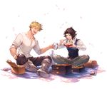  backpack bag black_hair blonde_hair blue_eyes boots bowl cherry_blossoms chopsticks closed_eyes collarbone cup double-breasted drinking_glass eating granblue_fantasy lancelot_(granblue_fantasy) minaba_hideo multiple_boys obentou official_art pectorals petals picnic picnic_basket transparent_background vane_(granblue_fantasy) 