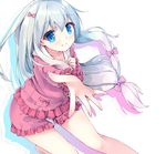  blue_eyes blush bow closed_mouth collarbone eromanga_sensei hamaru_(s5625t) izumi_sagiri long_hair long_sleeves looking_at_viewer pink_bow pink_ribbon pink_shirt pink_shorts ribbon shirt shorts silver_hair simple_background solo very_long_hair white_background 