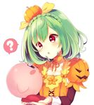  :o ? black_sleeves braid choker creature crossover crown_braid flower_knight_girl food_themed_clothes food_themed_hair_ornament green_hair hair_ornament houzuki_michiru kirby kirby_(series) layered_sleeves looking_at_another orange_choker pepo_(flower_knight_girl) pumpkin_hair_ornament red_eyes short_hair upper_body white_background 