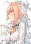  ahoge blonde_hair blush bodysuit bow breasts bridal_veil chain eyebrows_visible_through_hair eyes_visible_through_hair fate/extra fate/extra_ccc fate_(series) flower_wreath gloves green_eyes hair_between_eyes hair_intakes hakuishi_aoi hand_on_own_arm hand_on_own_chin head_wreath lips lock long_sleeves looking_to_the_side medium_breasts nero_claudius_(bride)_(fate) nero_claudius_(fate)_(all) padlock parted_lips pink_lips profile shiny shiny_hair sideways_mouth simple_background smile solo tsurime upper_body veil white_background white_bodysuit white_bow white_gloves 