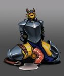  anthro armor balls big_penis bleats blush clothing cum cum_on_ground hands_behind_back hi_res horn kneeling loincloth male open_mouth penis rope scalie solo thick_thighs 