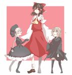  ascot bow braid brown_hair cloak crossover detached_sleeves dress fate/apocrypha fate/extra fate_(series) hair_bow hakurei_reimu height_difference jack_the_ripper_(fate/apocrypha) multiple_girls nursery_rhyme_(fate/extra) short_hair toudou_(dolce) touhou white_hair 
