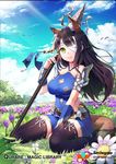  animal_ears bandage_on_face bandage_over_one_eye bandages black_hair black_legwear breasts character_request cleavage cleavage_cutout eyebrows_visible_through_hair field flower flower_field fox_ears fox_tail green_eyes holding holding_spear holding_weapon large_breasts long_hair looking_at_viewer navel polearm qurare_magic_library seiza shoonia sitting solo spear tail thighhighs weapon 
