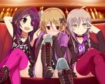  blonde_hair blush boots bow brown_eyes brown_hair commentary_request eyepatch fang hair_bow hayasaka_mirei hoshi_shouko idolmaster idolmaster_cinderella_girls idolmaster_cinderella_girls_starlight_stage individuals long_hair morikubo_nono multiple_girls open_mouth purple_hair sch short_hair shy smile thighhighs v 