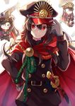  adjusting_clothes adjusting_hat black_hair cape chibi deformed family_crest fate_(series) gloves hair_between_eyes hand_on_hip hat highres katana keikenchi_(style) koha-ace long_hair looking_at_viewer military military_uniform nonono oda_nobunaga_(fate) oda_uri open_mouth peaked_cap red_eyes sheath sheathed sidelocks solo sword uniform weapon white_gloves 