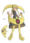  bangs bare_arms bare_shoulders black_shirt black_skirt blonde_hair blush breasts eyebrows eyebrows_visible_through_hair gen_3_pokemon hair_between_eyes kaiji legs_apart long_hair lunatone mamecho_(ageatcosh) number parody personification pokemon pokemon_(creature) pokemon_number raised_eyebrows red_eyes shirt shoes sidelocks skirt skirt_lift skirt_set sleeveless sleeveless_shirt small_breasts standing sweat tareme thighhighs turtleneck twintails wristband yellow_footwear yellow_legwear zettai_ryouiki 