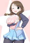  ;d akanishi_erika belly braid breast_lift breasts brown_hair green_eyes hand_on_hip highres idolmaster idolmaster_cinderella_girls large_breasts long_hair looking_at_viewer magure_senshi one_eye_closed open_mouth plump skirt smile solo twin_braids 