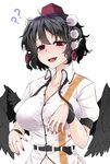  ?? belt black_hair black_wings breasts collarbone collared_shirt dress_shirt error feathered_wings hat highres large_breasts md5_mismatch nail_polish navel open_mouth pointy_ears pom_pom_(clothes) red_eyes rihito_(usazukin) shameimaru_aya shirt short_hair simple_background smile solo sweat tokin_hat touhou upper_body white_background white_shirt wing_collar wings wrist_cuffs 