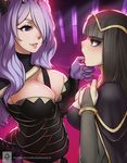  artist_name black_hair breasts camilla_(fire_emblem_if) cape cleavage erica_june_lahaie eye_contact finger_in_another's_mouth fire_emblem fire_emblem:_kakusei fire_emblem_heroes fire_emblem_if hair_over_one_eye highres hime_cut large_breasts looking_at_another multiple_girls open_mouth purple_eyes purple_hair smile tharja tongue tongue_grab watermark web_address yuri 