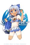  bikini blue_dress blue_eyes blue_hair blush cirno dress dress_removed flower hair_ribbon hidden_star_in_four_seasons highres ice ice_wings looking_at_viewer midriff navel open_mouth plug_(feng-yushu) ribbon round_teeth short_hair smile solo striped_bikini_top sunflower swimsuit tan tanline tanned_cirno teeth text_focus touhou wings 