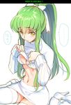  1girl alternate_costume alternate_hairstyle bangs blush bow bra breasts c.c. cleavage closed_mouth clothes_lift code_geass creayus embarrassed eyebrows_visible_through_hair green_hair hair_bow high_heels legs_apart lifted_by_self long_hair long_sleeves looking_at_viewer medium_breasts miniskirt navel ponytail shiny shiny_skin shoes sidelocks sketch skindentation skirt sleeves_past_wrists solo speech_bubble spoken_ellipsis stomach sweater sweater_lift thighhighs translation_request underwear undressing very_long_hair white white_bra white_footwear white_legwear white_skirt yellow_eyes zettai_ryouiki 