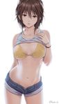  bikini_top bracelet breasts brown_eyes brown_hair commentary_request cowboy_shot highres jewelry kanden_suki large_breasts looking_at_viewer navel original parted_lips shirt_lift short_hair short_shorts shorts solo swimsuit swimsuit_under_clothes unbuttoned white_background 