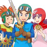  2boys bad_id bad_pixiv_id blue_eyes blush dragon_quest dragon_quest_ii dress goggles hood kei-co long_hair multiple_boys open_mouth prince_of_lorasia prince_of_samantoria princess_of_moonbrook purple_eyes purple_hair shield smile 