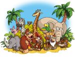  3boys banana barrel beard bird brown_fur cranky_kong diddy_kong donkey_kong donkey_kong_(series) donkey_kong_country_returns elephant facial_hair food fruit furry furry_male giraffe hat juliusaurus multiple_boys necktie palm_tree parrot pig rambi red_hat red_necktie squawks squirrel tree tutorial_pig zebra 