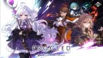  2boys 2girls cowenna eochaid_(mabinogi) holding holding_weapon lantern loiscneach_(mabinogi) mabinogi multiple_boys multiple_girls night night_sky official_art rowan_(mabinogi) sky wand weapon 