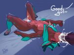 anthro biped blush bodily_fluids brown_body chastity_cage chastity_device cum cum_in_mouth cum_inside deer dialogue eyes_closed fingers genital_fluids good_girl hi_res irrumatio lying male male/male male_penetrated male_penetrating male_penetrating_male mammal multicolored_body neck_bulge new_world_deer on_back oral penetration penile penis_in_mouth phenyanyanya reindeer sex text thick_thighs throat_swabbing