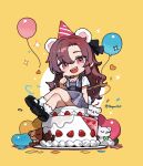  1girl absurdres balloon black_shoes breasts brown_hair cake character_request chibi chibi_only cleavage crossed_legs food heart hepari highres indie_virtual_youtuber large_breasts long_hair looking_at_viewer pink_eyes sharp_teeth shoes short_sleeves sitting socks solo teeth virtual_youtuber white_socks yellow_background 