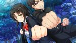  1boy 1girl araya_kazuki black_hair black_jacket black_pants bow bowtie breasts clenched_hands emphasis_lines green_eyes jacket large_breasts long_hair long_sleeves looking_at_viewer moe!_ninja_girls official_art pants parted_bangs red_bow red_bowtie saion-ji_enju school_uniform second-party_source shirt short_hair sidelocks straight_hair teeth very_long_hair white_shirt 
