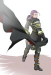  1boy aqua_eyes armor black_armor black_cape cape commentary dragon_quest dragon_quest_xi facial_hair from_above full_body gold_trim greaves greig_(dq11) hair_slicked_back highres holding holding_unworn_cape holding_unworn_clothes knight long_hair looking_at_viewer looking_back looking_up male_focus mature_male myukom purple_facial_hair purple_hair red_cape rerebrace single_bang soldier solo two-sided_cape two-sided_fabric unworn_cape vambraces 