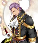  1boy aqua_eyes ascot belt black_cape black_jacket brown_belt burned_paper cape commentary dragon_quest dragon_quest_xi facial_hair floating_clothes floating_hair gloves gold_trim greig_(dq11) hair_slicked_back highres holding holding_sword holding_weapon jacket long_hair looking_to_the_side male_focus mature_male muscular muscular_male myukom official_alternate_costume purple_facial_hair purple_hair purple_sash sash solo sword upper_body weapon white_ascot white_gloves 