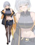  1girl bandaid bandaid_on_face bandaid_on_nose bare_shoulders belt black_belt black_jacket black_pantyhose black_shirt black_shoes black_skirt blonde_hair blunt_bangs breasts closed_mouth colored_inner_hair commentary_request crop_top full_body grey_hair groin hachi_(live_union) hair_ornament hairclip high_heels highres infinity_symbol jacket large_breasts live_union long_sleeves looking_at_viewer midriff mole mole_under_eye multicolored_hair multicolored_jacket navel off_shoulder open_clothes pantyhose pencil_skirt shirt shoes short_hair shougun_(chuckni1) sidelocks skirt sleeveless sleeveless_shirt smile standing two-tone_jacket virtual_youtuber white_background yellow_eyes zoom_layer 