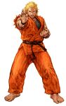  1boy absurdres barefoot belt black_belt black_undershirt blonde_hair capcom_vs_snk clenched_hand dougi fighting_stance full_body game_cg highres male_focus martial_arts_belt muscular nishimura_kinu non-web_source official_art open_mouth orange_dougi outstretched_arm ryou_sakazaki ryuuko_no_ken scowl sleeveless solo teeth torn_clothes torn_sleeves undershirt v-shaped_eyebrows wristband 