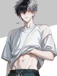  1boy black_hair black_shorts blush clothes_lift grey_eyes grey_hair gym_shorts hyohls2_(hamao3o) korean_text male_focus midriff multicolored_eyes multicolored_hair navel open_clothes open_shirt sakura_haruka_(wind_breaker) shirt shirt_lift short_hair shorts simple_background solo stomach t-shirt two-tone_eyes two-tone_hair white_shirt wind_breaker_(nii_satoru) yellow_eyes 