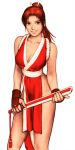  1girl arm_guards bare_shoulders blush breasts brown_eyes brown_hair capcom_vs_snk cleavage fatal_fury game_cg grin hand_fan high_ponytail highres holding holding_fan japanese_clothes large_breasts long_hair mori_toshiaki motoyui ninja non-web_source official_art parted_lips ponytail realistic revealing_clothes rope shiranui_mai sleeveless smile solo standing teeth upper_body wrist_guards 