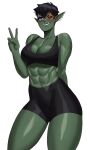  1girl abs absurdres bike_shorts black_hair black_shorts black_sports_bra breasts cleavage colored_skin eyepatch fangs female_orc green_skin highres large_breasts looking_at_viewer muscular muscular_female orc original pointy_ears purple_eyes short_hair shorts simple_background solo sotcho sports_bra sportswear tomboy tusks v white_background yui_(fumtheraccoon) 