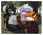 4_toes alternative_fashion ankle_grab anthro arctic_wolf arm_warmers armwear bench big_butt black_body black_claws black_fur black_hair blush bottomwear butt canid canine canis claws clothing collar crop_top dare_spiritmoon darefloofy digital_drawing_(artwork) digital_media_(artwork) duo english_text eyeliner eyeshadow face_mask feet feet_in_air foot_fetish foot_focus foot_on_face foot_sniffing fox fur goth grass green_eyes grey_body grey_fur hair hoodie hotpants leg_grab legs_up makeup male male/male mammal mask muzzle_mask onomatopoeia park pawpads paws pink_pawpads plant shaded shirt shorts sitting sleeveless_hoodie sniffing soles sound_effects spiked_collar spikes tail text toes topwear tree wolf zuivel_the_fox