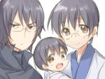  3boys :d age_difference aged_down aged_up black_coat black_hair brown_eyes child coat commentary_request gintama gintama_movie_2:_yorozuya_yo_eien_nare glasses grey_kimono high_collar japanese_clothes kimono looking_at_viewer male_focus maruki_(punchiki) multiple_boys multiple_persona open_mouth shimura_shinpachi short_hair smile white_background 