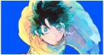  1boy blue_background boku_no_hero_academia border cape closed_mouth commentary freckles green_eyes green_hair highres looking_at_viewer male_focus midoriya_izuku short_hair simple_background solo sugokuinu superhero_costume symbol-only_commentary white_border yellow_cape 