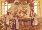  5girls animal_ear_piercing animal_ears apron basket bell_pepper black_hair blonde_hair blue_eyes bow braid cabinet carrot cat_ears cat_tail cheese cooking cup dough dress egg food frying_pan garlic goat_ears goat_horns hair_bow highres horns indoors juliet_sleeves kitchen kitchen_scale kurasaka light_particles long_sleeves maid maid_apron multiple_girls original pitcher_(container) potato puffy_short_sleeves puffy_sleeves rabbit_ears radish rolling_pin short_sleeves siblings sitting standing tail tomato twins weighing_scale window 