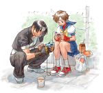  1boy 1girl :d angry blue_sailor_collar brown_eyes brown_hair capcom_vs_snk crossover cup_ramen fingerless_gloves food furious game_cg gloves hachimaki happy headband highres kasugano_sakura kusanagi_kyou milk neo_geo_pocket_color nishimura_kinu non-web_source noodles official_art open_mouth photoshop_(medium) playing_games ramen sailor_collar school_uniform serafuku short_hair sitting skirt slice_of_life smile snk_vs_capcom:_match_of_the_millennium squatting street_fighter teeth the_king_of_fighters video_game white_headband 
