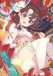  1girl :d aerial_fireworks bell blush braid breasts brown_hair candy_apple chicken_(food) chocolate-covered_food chocolate_banana commentary_request corn corn_cob cotton_candy feet_out_of_frame fireworks food fox_mask french_fries fried_chicken frilled_thighhighs frills fruit hair_bell hair_ornament hair_over_shoulder highres holding holding_food hot_dog ikayaki japanese_clothes jingle_bell kimono knees_together_feet_apart long_hair looking_at_viewer low_twintails mask mask_on_head medium_breasts night night_sky obi original outdoors pinwheel purple_eyes ramune ribbon-trimmed_thighhighs ribbon_trim sash shaved_ice sky smile solo tam-u thighhighs torii twin_braids twintails watermelon watermelon_slice white_kimono white_thighhighs 